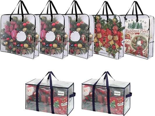 VENO 7 Pack Christmas Decoration Storage Bundle (5 Pack Wreath Storage Bag Garland Container+ 2 Pack Wrap-Around Handles Bags) by Veno