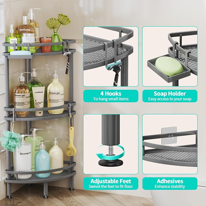 HapiRm Standing Corner Shower Caddy - 3 Tier Shower Organizer Corner with Soap Holder and 4 Hooks, Rustproof Bathroom Storage Shelves with Adhesives, Grey - Image 3