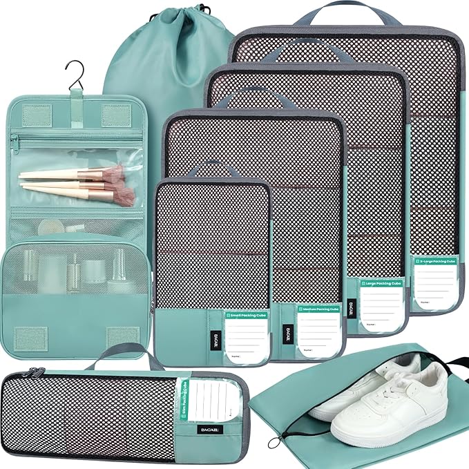 BAGAIL 4 Set/6 Set/8 Set Compression Packing Cubes Travel Accessories Expandable Packing Organizers(HalfMesh,8-DustyBlue) by BAGAIL