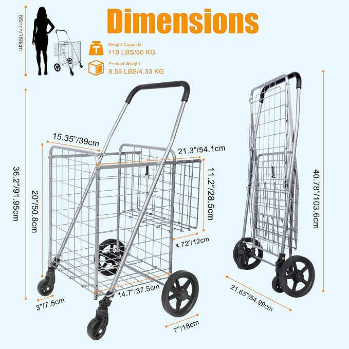 Whitmor Utility Folding Shopping Cart, 115L Heavy Duty Grocery Cart with Double Basket, 360° Swivel Wheels, Foldable Rolling Utility Trolley, 110 Lbs Capacity for Grocery, Laundry, Travel, Sliver - Image 2