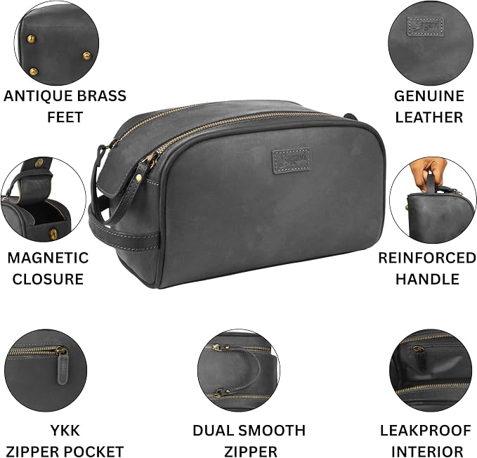 Rasavi Genuine Leather Travel Toiletry Bag, Handcrafted Vintage Water-Resistance Dopp Kit, Large Shaving & Bathroom Organizer - Gift for Men & Women - Black - Image 4