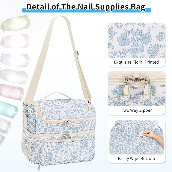 CUBETASTIC Nail Polish Organizer & Storage Bag for 48 Bottles & Full-Size Lamp, Double-Layer Travel Case Box for Nail Supplies, Manicure Kit & Pedicure Tools (Blue Floral, 48 Slots) - Image 5