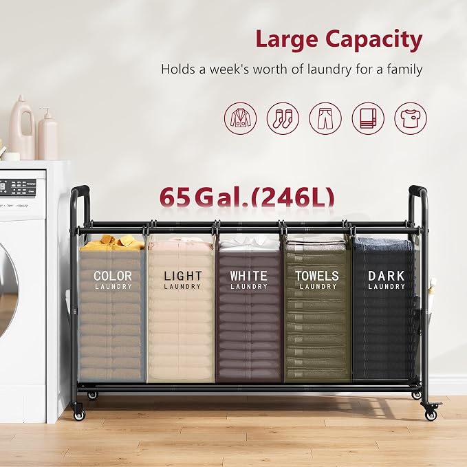 Tajsoon 5 Bag Laundry Sorter Cart, Laundry Hamper Sorter Basket with Heavy Duty Lockable Rolling Wheels for Clothes Storage, 5 Colors - Image 4