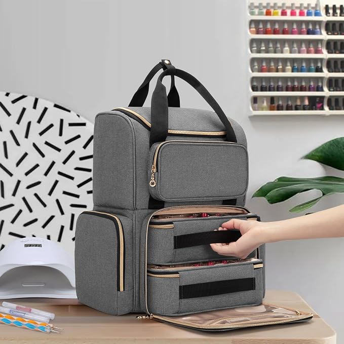 LUXJA Nail Polish Organizer Backpack Holds 70 Bottles and a UV Lamp | Travel Nail Bag with 2 Removable Cases, Ample Tools Storage Pockets, Adjustable Shoulder Straps, Trolley Sleeve, Gray - Image 7