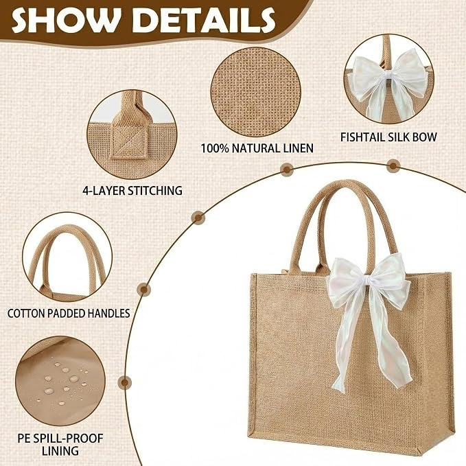 Large Burlap Tote Bags Set with Handles,Jute Tote Waterproof Reusable Bridesmaid - Image 4