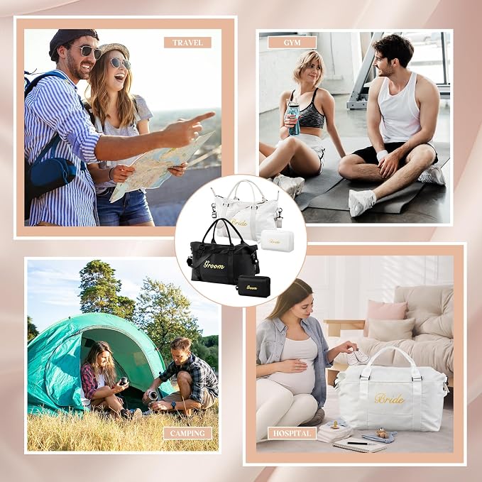 Sanwuta 4 Pcs Bride Groom Duffel Bag Set 2 Honeymoon Travel Bags with 2 Toiletry Pouches Weekender Gym Tote for Couple Wedding Engagement Valentines His Hers Gifts Bridal Shower Gifts - Image 7