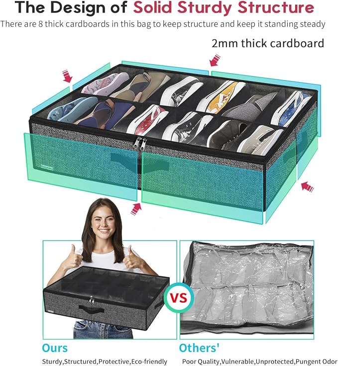 Onlyeasy Sturdy Under Bed Shoe Storage Organizer, Set of 2, Fit 12 to 24 Pairs, Underbed Shoes Closet Storage Solution with Clear Window, Breathable, L29.3 x W23.6 x H5.9, Linen-like Black, MXAUBSB2P - Image 4