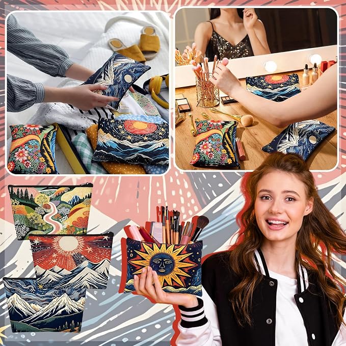 Sweetude 12 Pcs Abstract Art Landscape Makeup Bag Bulk Abstract Art Gifts Portable Travel Cosmetic Bags with Zipper Mountain Waterproof Roomy Travel Toiletry Organizer Storage Beauty Pouch for Women - Image 5