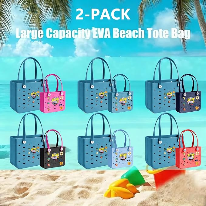 2-Pack Beach Bags Medium & Small,Waterproof Sandproof Rubber Tote Set for Women Men, Vacation Pool Boat Essentials - Image 4