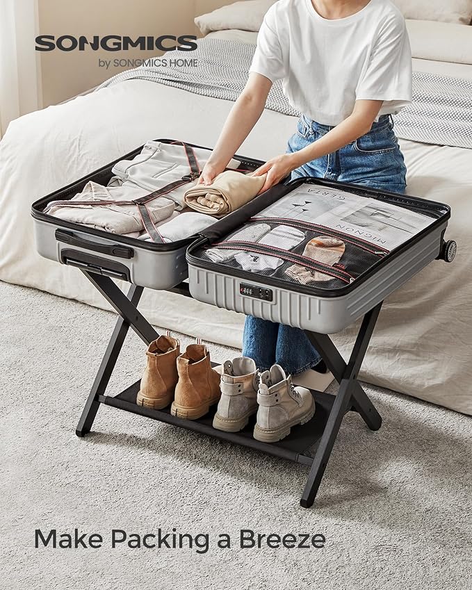 SONGMICS Luggage Rack, Folding Suitcase Stand with Storage Shelf, for Guest Room, Hotel, Bedroom, Heavy-Duty, Holds up to 131 lb, Classic Black URLR007B01 - Image 2