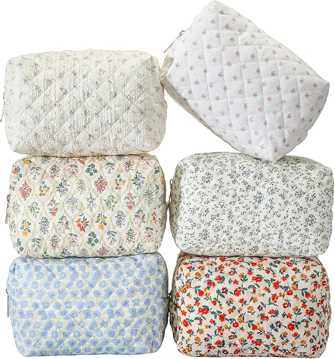 6 Pcs 8 Inch Large Quilted Makeup Bag Bulk Floral Cosmetic Bag Bridesmaid Gifts Women Floral Cotton Quilted Pouch Travel Toiletry Coquette Aesthetic Makeup Organizer for Women by Unknown