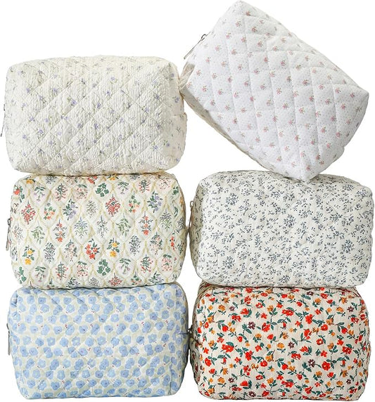 6 Pcs 8 Inch Large Quilted Makeup Bag Bulk Floral Cosmetic Bag Bridesmaid Gifts Women Floral Cotton Quilted Pouch Travel Toiletry Coquette Aesthetic Makeup Organizer for Women by Unknown