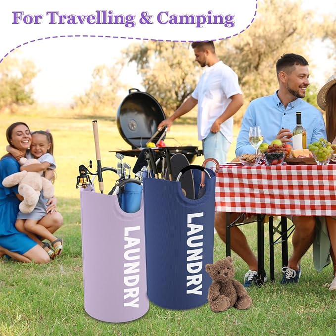 Set of 2 Large Laundry Baskets for Adult, 95L Collapsible Laundry Baskets with Aluminum Handles, Portable Dirty Clothes Hampers for Bedroom, Travel, Purple + Navy Blue - Image 3