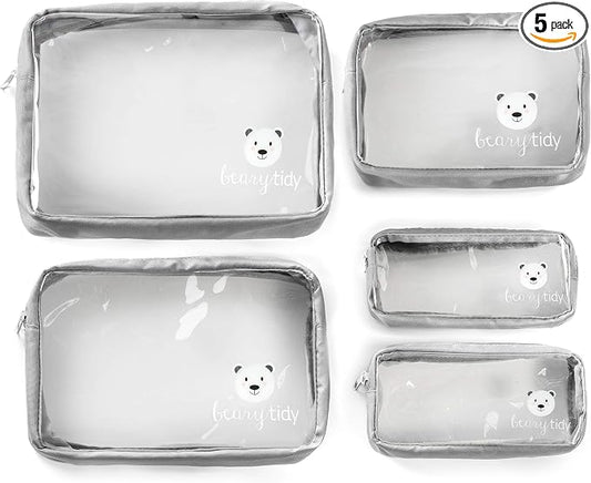 5 Piece Diaper Bag Organizer Pouch Set, Clear with Zippers and Nestable by Beary+Tidy