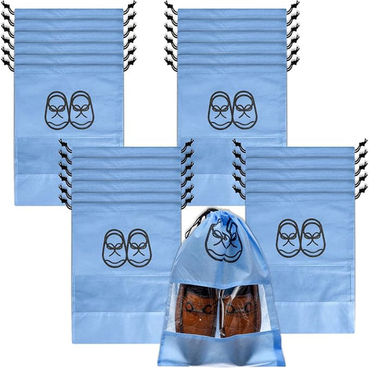Kuber Industries Shoe Cover | Travel Shoe Storage Bags | Non-Woven Storage Bag | Shoe Cover with Drawstring | Shoe Organizer with Clear window | Plain | Pack of 24 | Sky Blue by Kuber+Industries