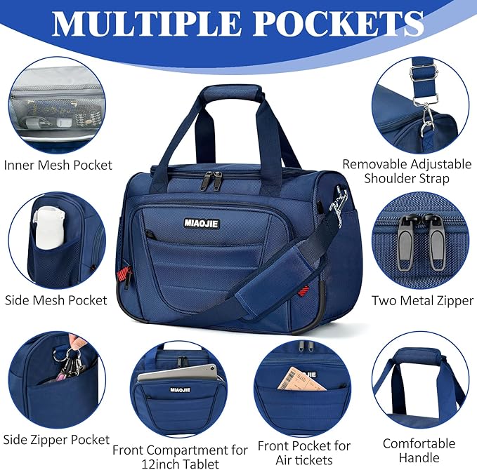 Underseat Carry On luggage Bag Airplanes Personal Item Bags Weekender Overnight Travel Tote Bag Shoulder Small Softside Carry on Luggage Travel Duffel Bags For Men Women -16 IN Navy Blue - Image 6