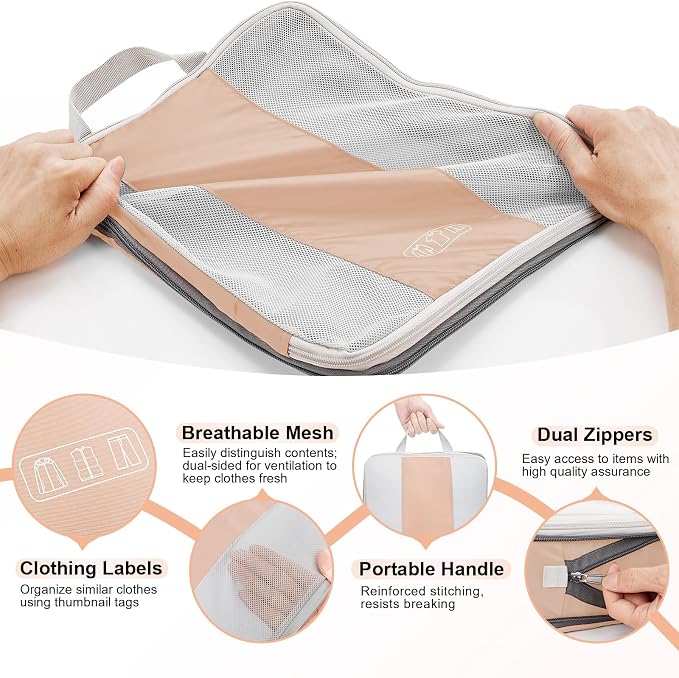 OlarHike 10 Set Compression Packing Cubes for Travel Essentials,Compressible Expandable Space Saver Bags for Organizing Clothes,Luggage Suitcase Garment Bags with Over 1000 pcs Mesh Holes(Gold) - Image 7