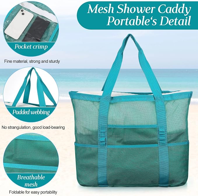 Hillban Large Beach Mesh Bags Bulk for Women Beach Tote Bag with 8 Pocket Zipper Waterproof Sandproof for Pool Cruise Ship - Image 4