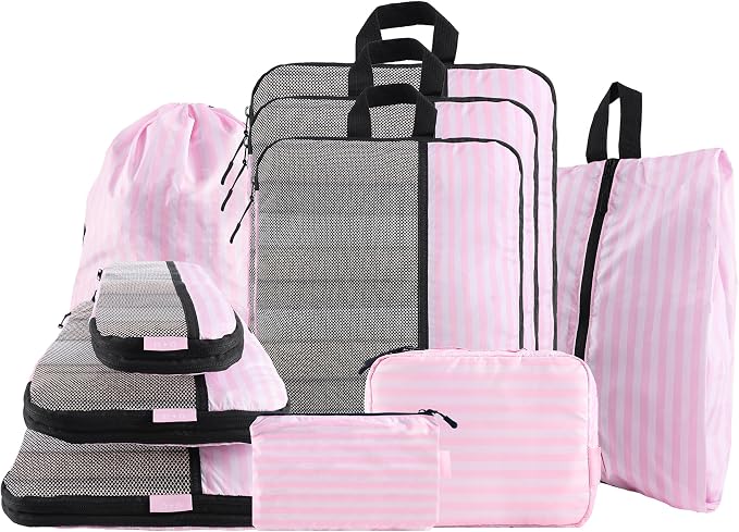 U+U 10 Set Compression Packing Cubes - Ultralight Pink Stripe Travel Organizers with Laundry Bag, Space-Saving Suitcase Organizer, Expandable Packing Cubes for Travel and Family Vacation (Pink Stripe) by UU