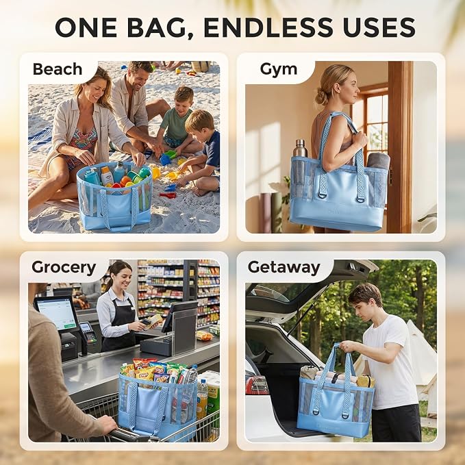 Large Mesh Beach Bag, Waterproof Bottom Tote, Structured Design Waterproof Pocket, Sandproof Pool Bag for Cruise Gym - Image 6