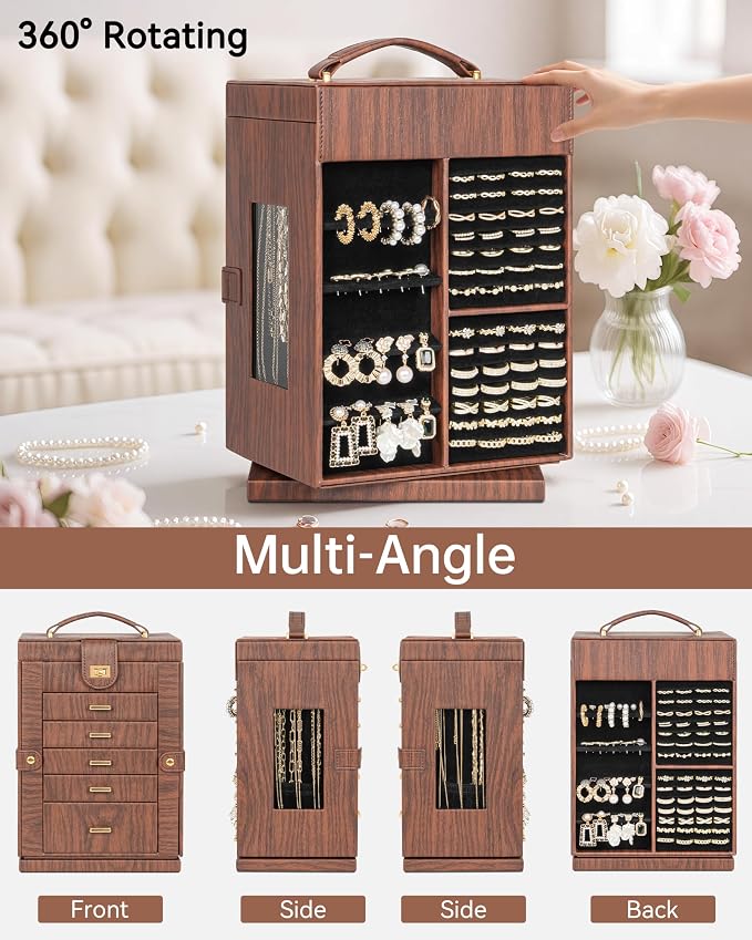 AKOZLIN 6-Tier Jewelry Box Organizer Functional 5 Drawers Leather Jewelry Storage Case for Women Girls Ring Necklace Earring Bracelet Holder Organizer with Mirror Red 360° Rotating - Image 4