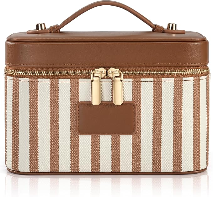 Makeup Bag Travel Toiletry Leather Cosmetic Case, Waterproof Makeup Organizer with Brush Holder, Wipe Clean Removable Divider Vanity Train Bag for Women, Caramel Brown by Unknown