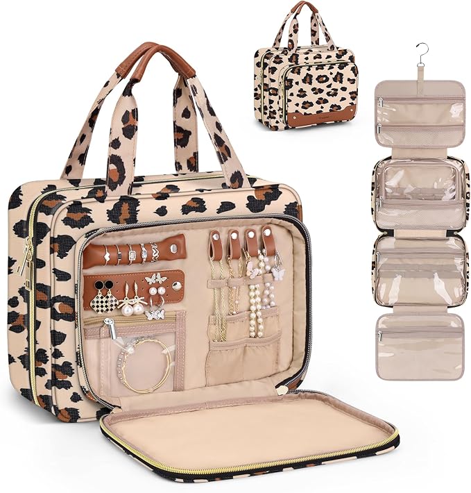 Wedama Toiletry Bag for Women, Hanging Travel Toiletry Bag with Jewelry Organizer Compartment Large Makeup Bag, PVC Waterproof Cosmetic Travel Bag Trips Camping Bathroom, Leopard Print by Wedama