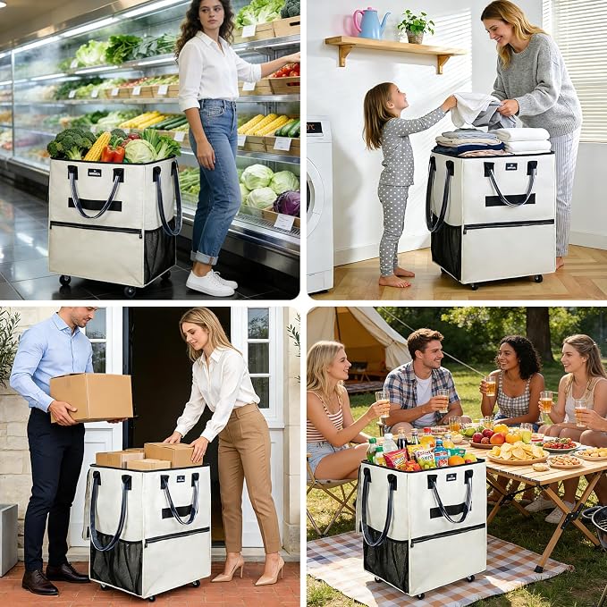 Reusable Grocery Bag On Wheels, 70L Foldable Rolling Tote Bag with 6 Pockets & 3-Way Carry, Heavy Duty Handle, Zippered Top for Grocery, Laundry, Storage, Collapsible Shopping Trolley, Medium, Beige - Image 7