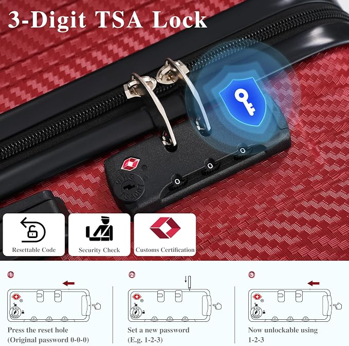 Red 6 Piece Luggage Set Hard Shell - Lightweight Checked Suitcases with Spinner Wheels and Cosmetic Cases for Family Travel, Durable Carry On Luggage Sets with Lock for Women and Men - Image 6