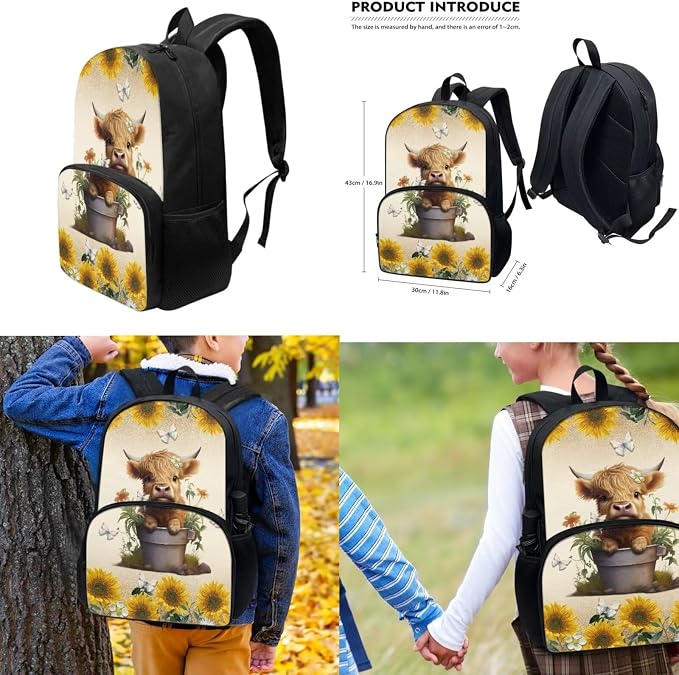 Highland Cow Backpacks Ages 8-10 and Lunch Box 3Pcs Kids School Bag with Lunchbox for Elementary Middle School 17 Inch School Bags for Girls 10-12 Lunch Bag Pencil Case Set - Image 3