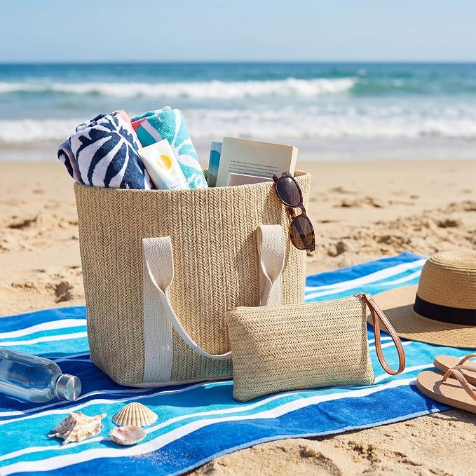 8 Set Beach Bags with Reusable Makeup Pouch Straw Gift Bag with Handle for Women Bridesmaid Bridal Wedding Gifts - Image 2