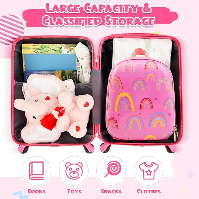 Sanwuta 4 Pcs Kids Luggage Set Back to School Gifts for Girls Boys Carry On Rolling Suitcase Backpack Neck Pillow Travel Set(20 Inch,Rainbow Style,Pink) - Image 7