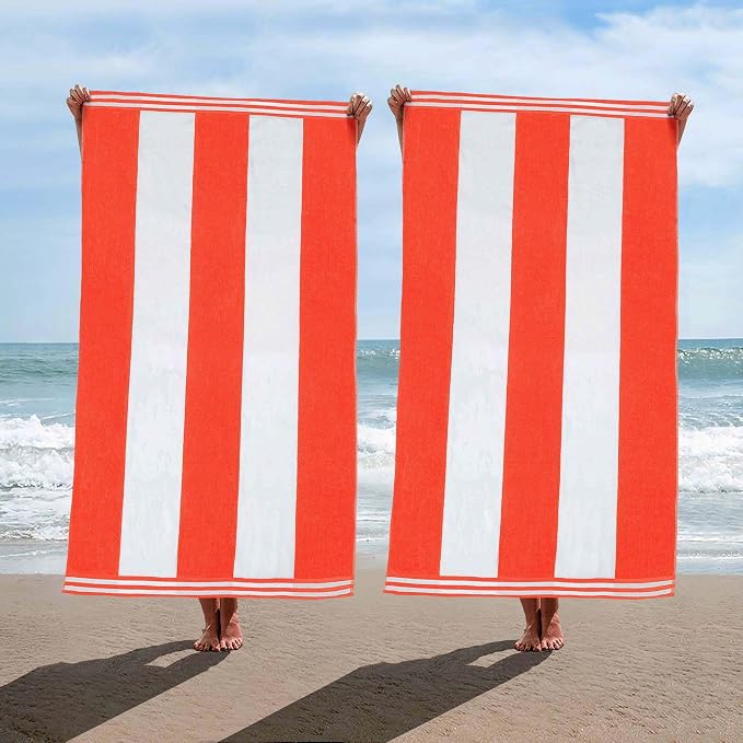 Superior Cotton Striped Beach Towels, Colorful Towels for Adult, Kid, Pool, Swimming, Sand, Travel, Large Oversized, Absorbent, Fast Drying, Bath Basics, Cabana Collection, Set of 2, Coral by SUPERIOR