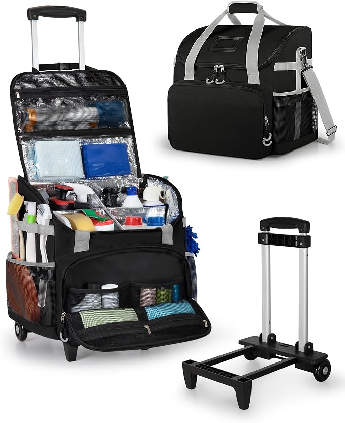 Marscamd Large Rolling Cleaning Caddy Bag with Detachable Trolley, Cleaning Supplies Organizer with Wheels for Housekeepers, Black by Marscamd
