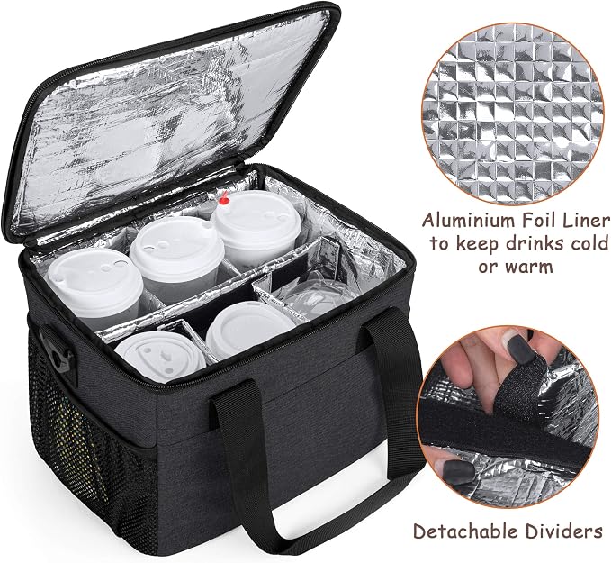 Trunab Reusable 6 Cups Drink Carrier for Delivery Insulated Caddy,Black | Adjustable Dividers,Handle & Shoulder Strap, Beverages Tote Bag for Takeout or Travel - Image 3