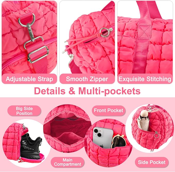 Quilted Travel Duffle Bag Gym Bag for Women,Large Puffer Duffle Weekender Bag with Compartment,Workout Overnight Carry on Organizer Bag Duffle Bag for Airplane Travel(Rosered) - Image 4