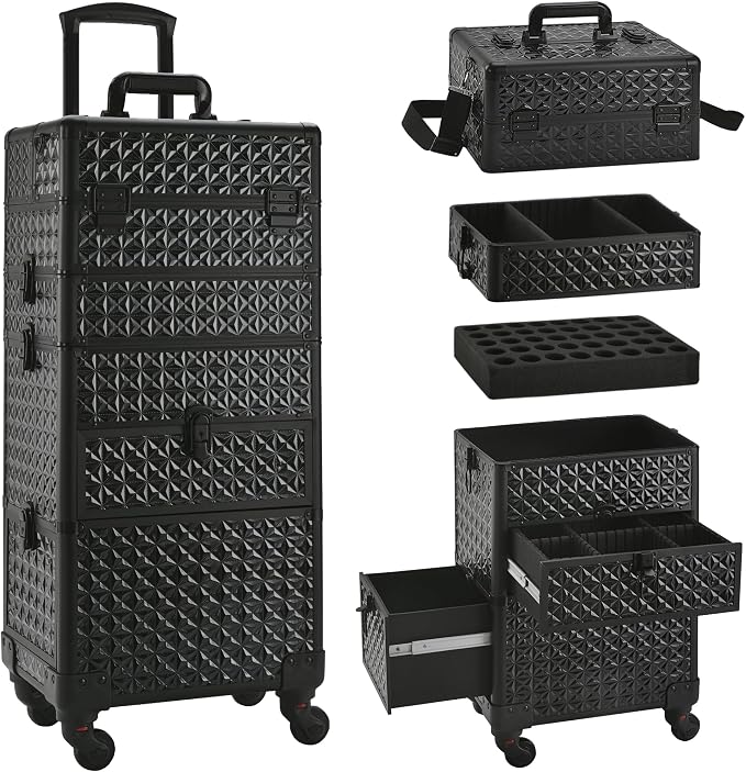 Makeup Train Case with Drawer, Rolling Makeup Case, Cosmetology Case on Wheels, Gift, Large Makeup Case Organizers, Professional for Salon Barber, Nail, Tattoo, Black by Unknown