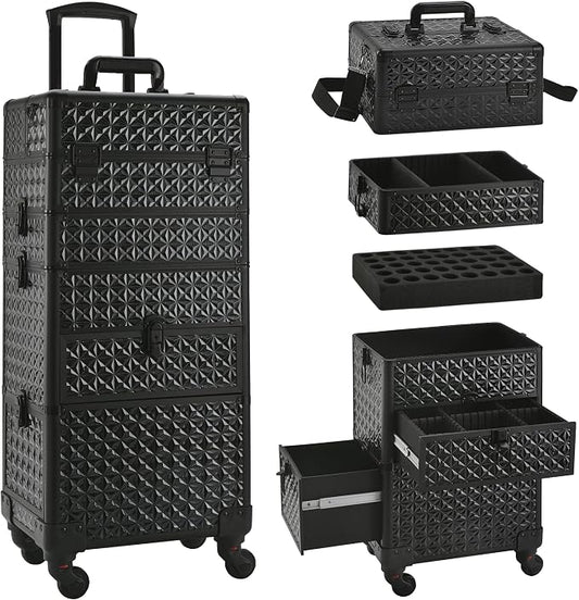 Makeup Train Case with Drawer, Rolling Makeup Case, Cosmetology Case on Wheels, Gift, Large Makeup Case Organizers, Professional for Salon Barber, Nail, Tattoo, Black by Unknown