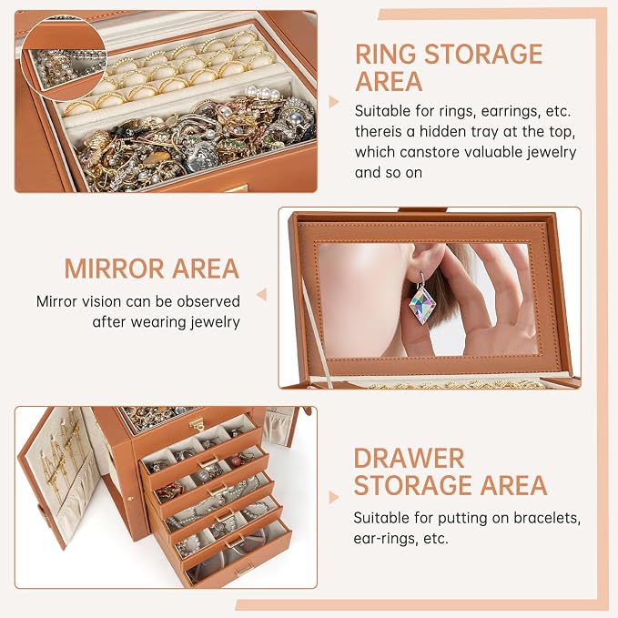 AKOZLIN 6-Tier Jewelry Box Organizer Functional 5 Drawers Leather Jewelry Storage Case for Women Girls Ring Necklace Earring Bracelet Holder Organizer with Mirror Medium Dark Orange - Image 3