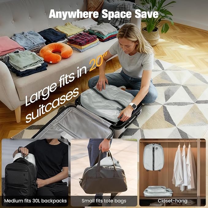 3 Pack Vacuum Bags for Travel with Pump, 3-Size Set Reusable Vacuum Compression Bags for Luggage, Space Saver IP67 Waterproof Vacuum Packing Cubes for Suitcase&Backpack, Grey white - Image 5