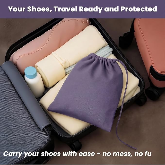 LFH Cotton Rich Shoe Storage Bags with Drawstring, Dustproof Breathable Reusable Organizer, Perfect For Travel, Dorm, Hotel, College, Gym, Easy to Carry, Machine Washable 8"x17" (Pack of 2) - Lavender - Image 3