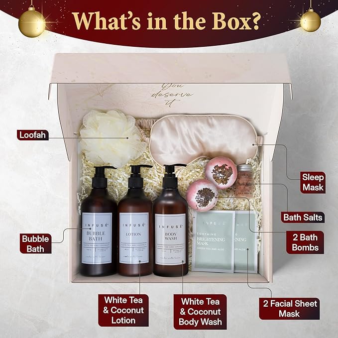 10-Piece Spa Gift Box for Women | Self-Care Set with Eye Mask, Loofa,Bath Bombs,Face Masks,Bubble Bath, Lotion, Body Wash & Bath Salt | Gift for Mom, Grandma, Wife, Bridesmaid or Loved Ones