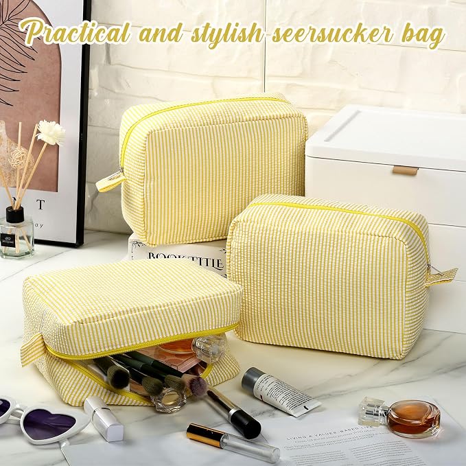 Sanwuta 6 Seersucker Cosmetic Bag Bulk Striped Makeup Bag for Women Aesthetic Cute Travel Toiletry Organizer Preppy Storage Pouch for Wedding Bridesmaid Mother's Day Teacher Gift (Large,Yellow) - Image 4