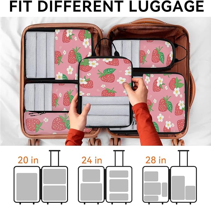 Strawberry Flower 6 Set Compression Packing Cubes for Travel Luggage Carry On Suitcase Compressible Expandable Packing Cubes Organizers Bag - Image 7