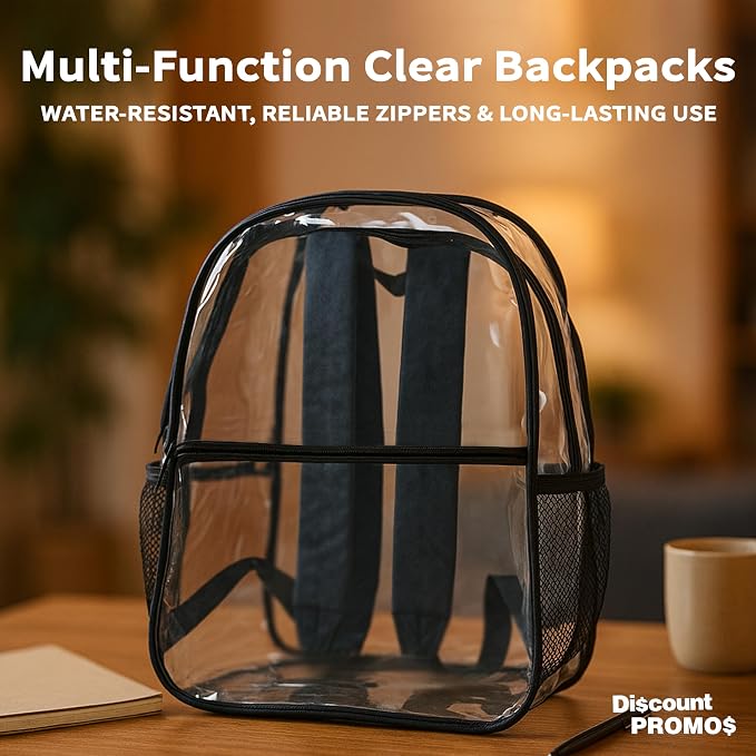 DISCOUNT PROMOS Clear PVC Plastic Backpacks Set of 6, Bulk Pack - Water Resistant, Perfect for Travel, Outdoor - Clear Black - Image 4