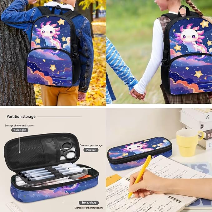 POLERO Cute Axolotl Backpack with Lunch Box for Girls Elementary Preschool Kindergarten School Bag Pencil Case Water Bottle Holder Set - Image 5