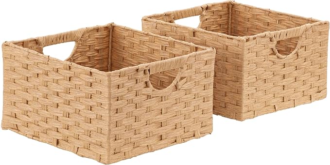 Seville Classics Premium Handwoven Portable Laundry Bin Basket with Carrying Handles, Household Storage for Clothes, Linens, Sheets, Tan, Rectangular (2-Pack) by SevilleClassics