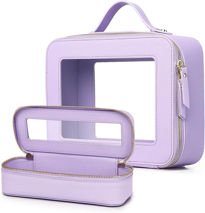 Clear Travel Makeup Bag, Purple, L+Slim | Brush Bag Included, Transparent Waterproof, Zipper Closure, Toiletry & Car Bag by LOFOWN