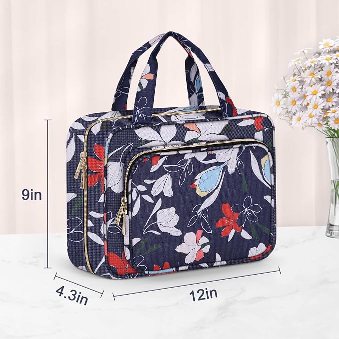 Wedama Toiletry Bag for Women, Large Cosmetic Travel Bag, Hanging Toiletry Bag for Bathroom, PVC Waterproof Makeup Bag, Toiletries Bag for Travel Business Trips and Camping, Blue+White Floral - Image 6