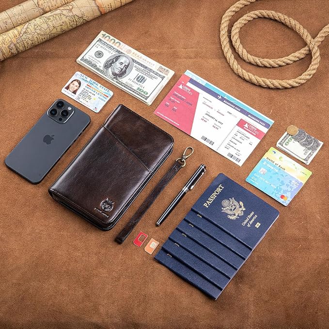 Passport Holder for Travel Family with Strap Genuine Leather RFID Blocking Travel Document Organizer Wallet with Pen Holder, Antiqued - Image 7